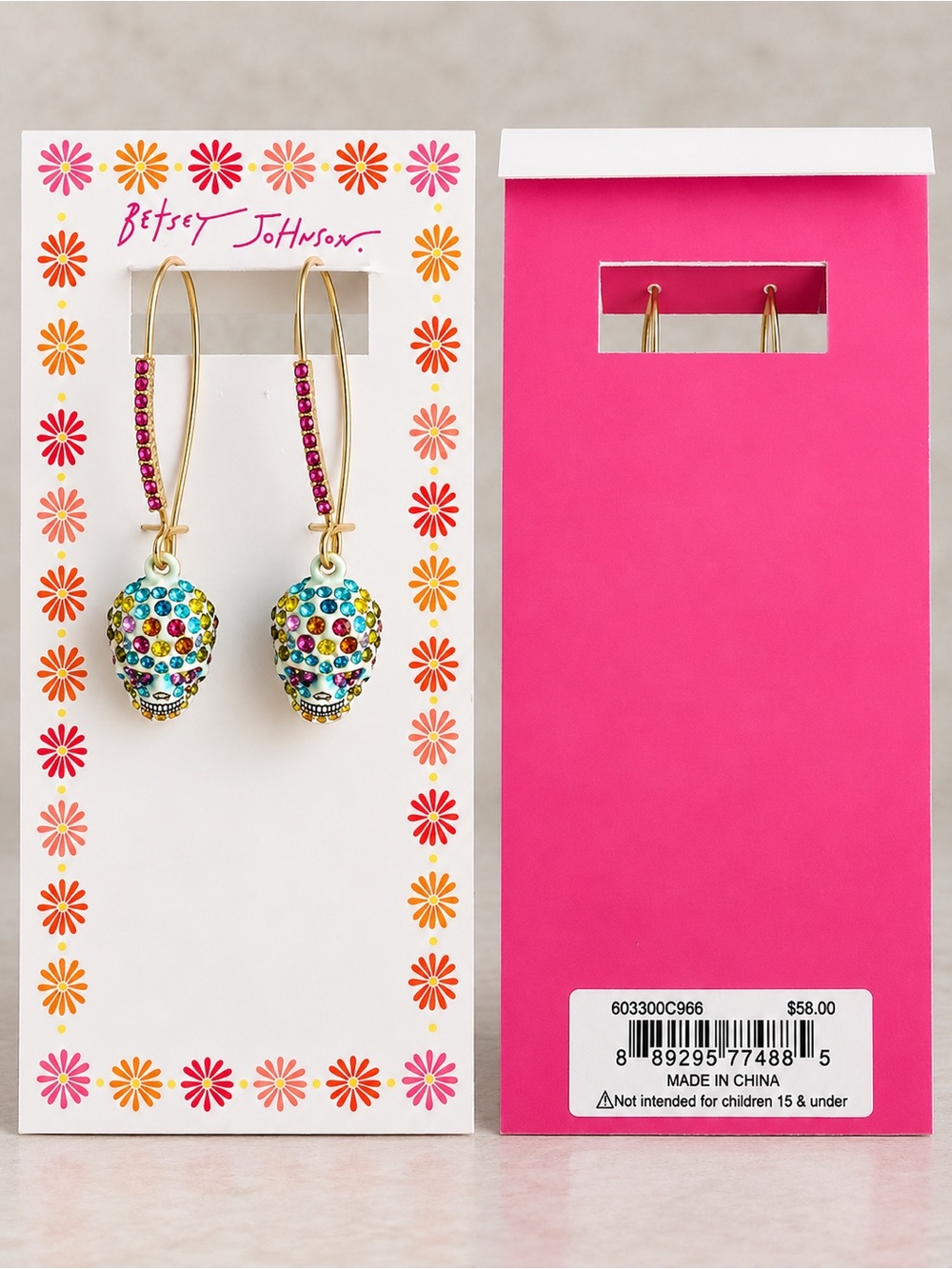 Betsey Johnson Sugar Skull Crystal Drop Earrings New With Tags Retail $58